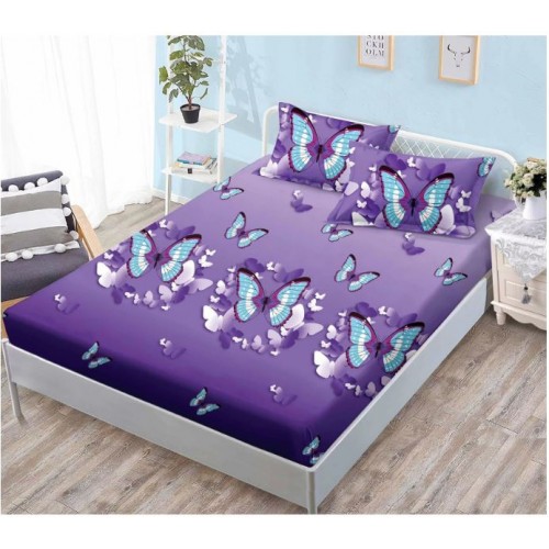 Set 3 Piese Husa din Finet cu Elastic, pentru Pat Dublu, 2 Fete de Perna, Mov cu Fluturi
