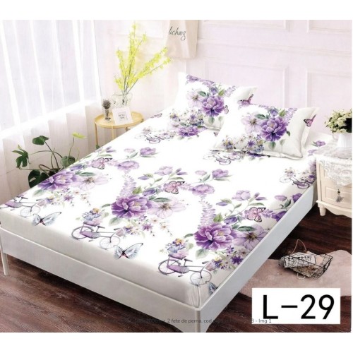 Set 3 Piese Husa din Finet cu Elastic, pentru Pat Dublu, 2 Fete de Perna