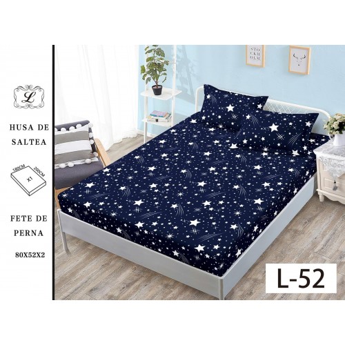 Set 3 Piese Husa din Finet cu Elastic, pentru Pat Dublu, 2 Fete de Perna, Ploaie De Stele Albastru Inchis