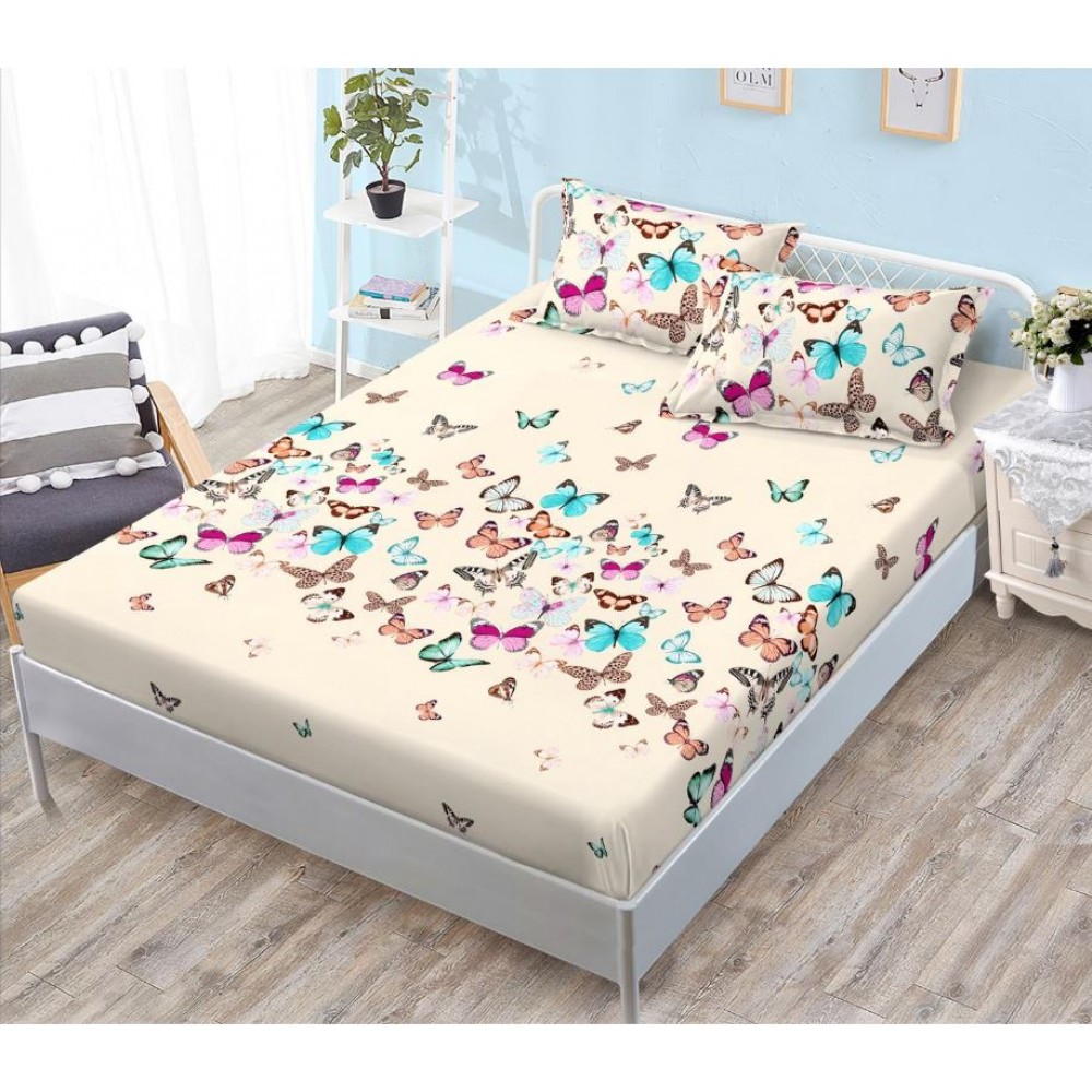 Set 3 Piese Husa din Finet cu Elastic, pentru Pat Dublu, 2 Fete de Perna, L-59