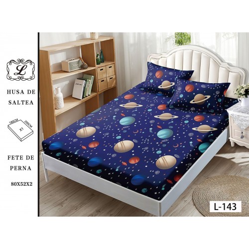 Set 3 Piese Husa din Finet cu Elastic, pentru Pat Dublu, 2 Fete de Perna, L-143