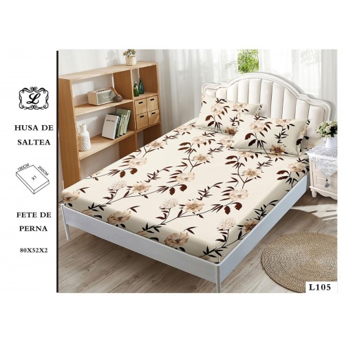 Set 3 Piese Husa din Finet cu Elastic, pentru Pat Dublu, 2 Fete de Perna, Crem-Maro, flori