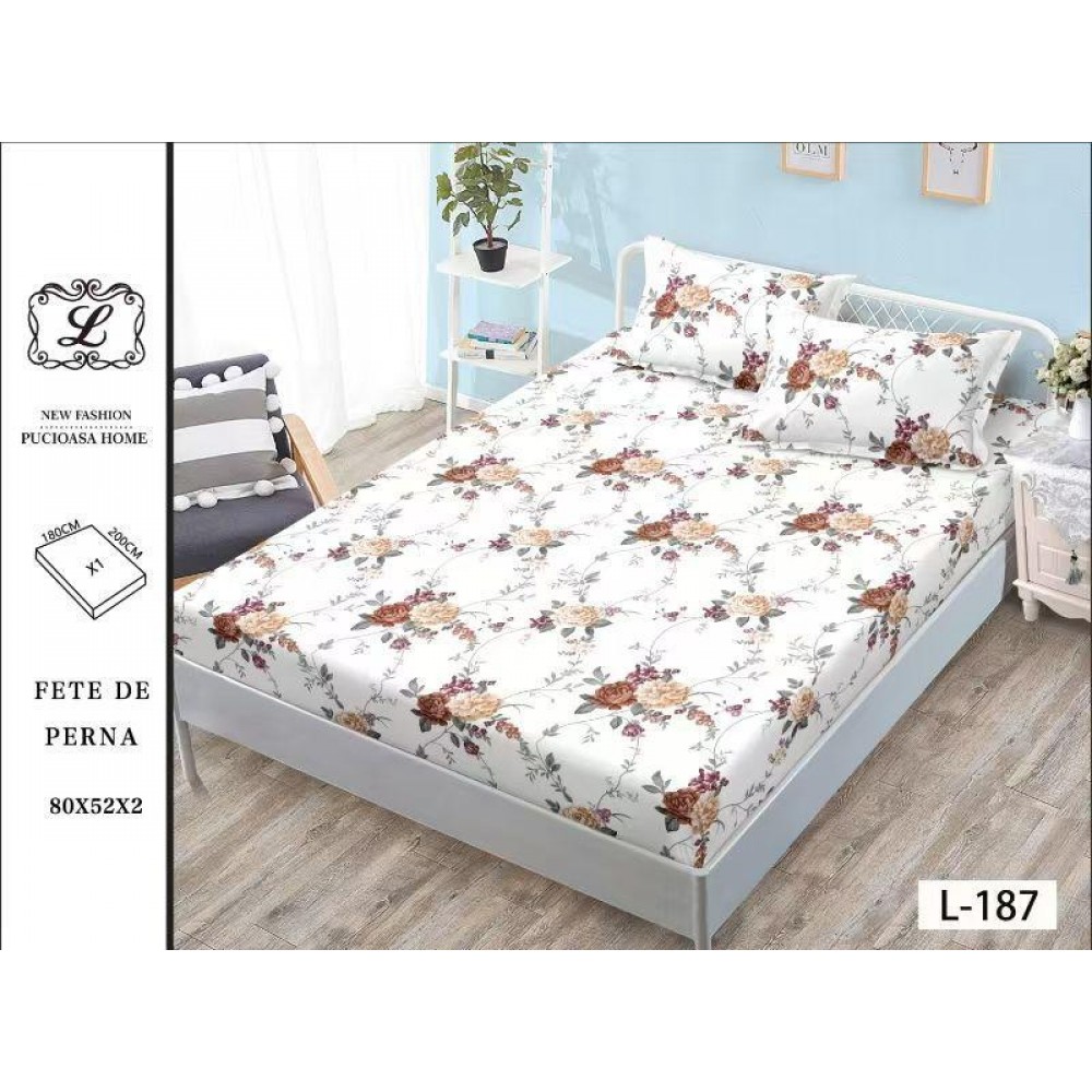 Set 3 Piese Husa din Finet cu Elastic, pentru Pat Dublu, 2 Fete de Perna, L-187