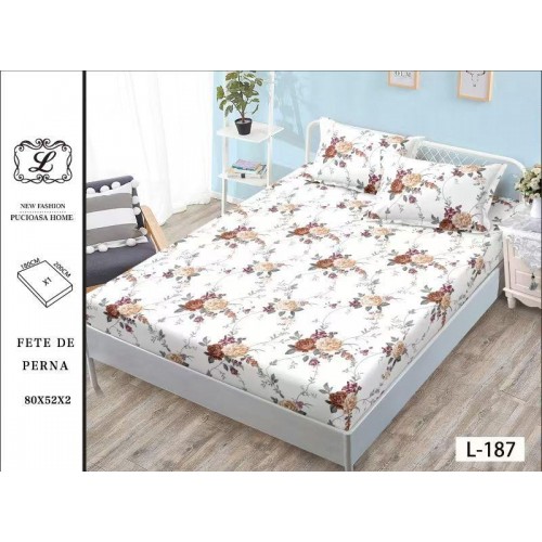 Set 3 Piese Husa din Finet cu Elastic, pentru Pat Dublu, 2 Fete de Perna, L-187