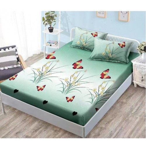 Set Husa de Pat cu Elastic din Finet, pentru Pat Dublu, 3 Piese, 2 Fete de Perna, Verde cu Fluturi