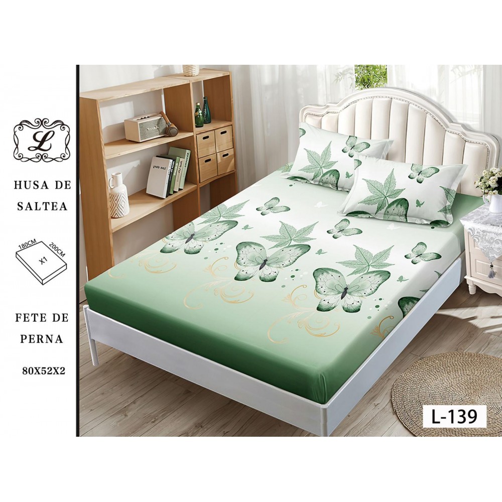 Set Husa de Pat cu Elastic din Finet, pentru Pat Dublu, 3 Piese, 2 Fete de Perna, Verde cu Fluturi