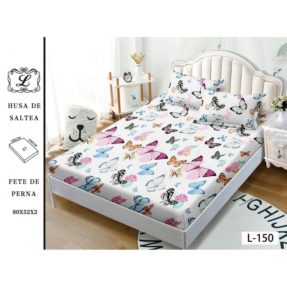 Set 3 Piese Husa din Finet cu Elastic, pentru Pat Dublu, 2 Fete de Perna, Alb-Multicolor, fluturi