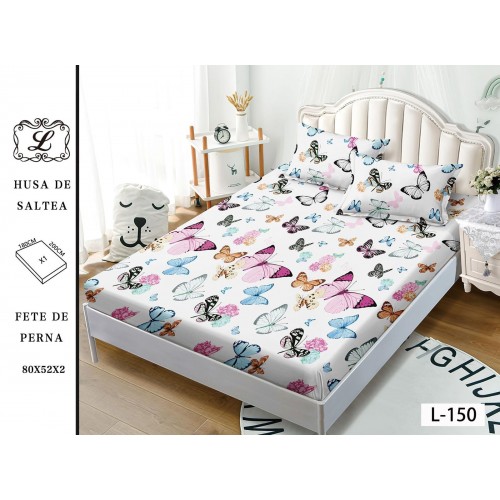 Set 3 Piese Husa din Finet cu Elastic, pentru Pat Dublu, 2 Fete de Perna, Alb-Multicolor, fluturi