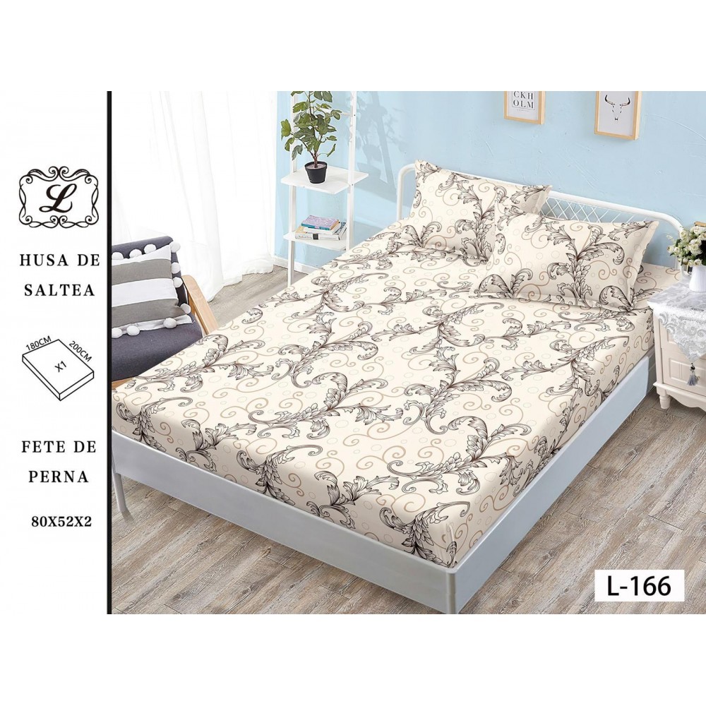 Set 3 Piese Husa din Finet cu Elastic, pentru Pat Dublu, 2 Fete de Perna, Crem-Bej, frunze