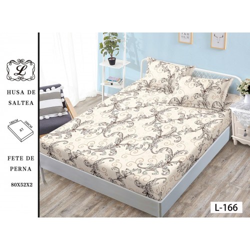 Set 3 Piese Husa din Finet cu Elastic, pentru Pat Dublu, 2 Fete de Perna, Crem-Bej, frunze