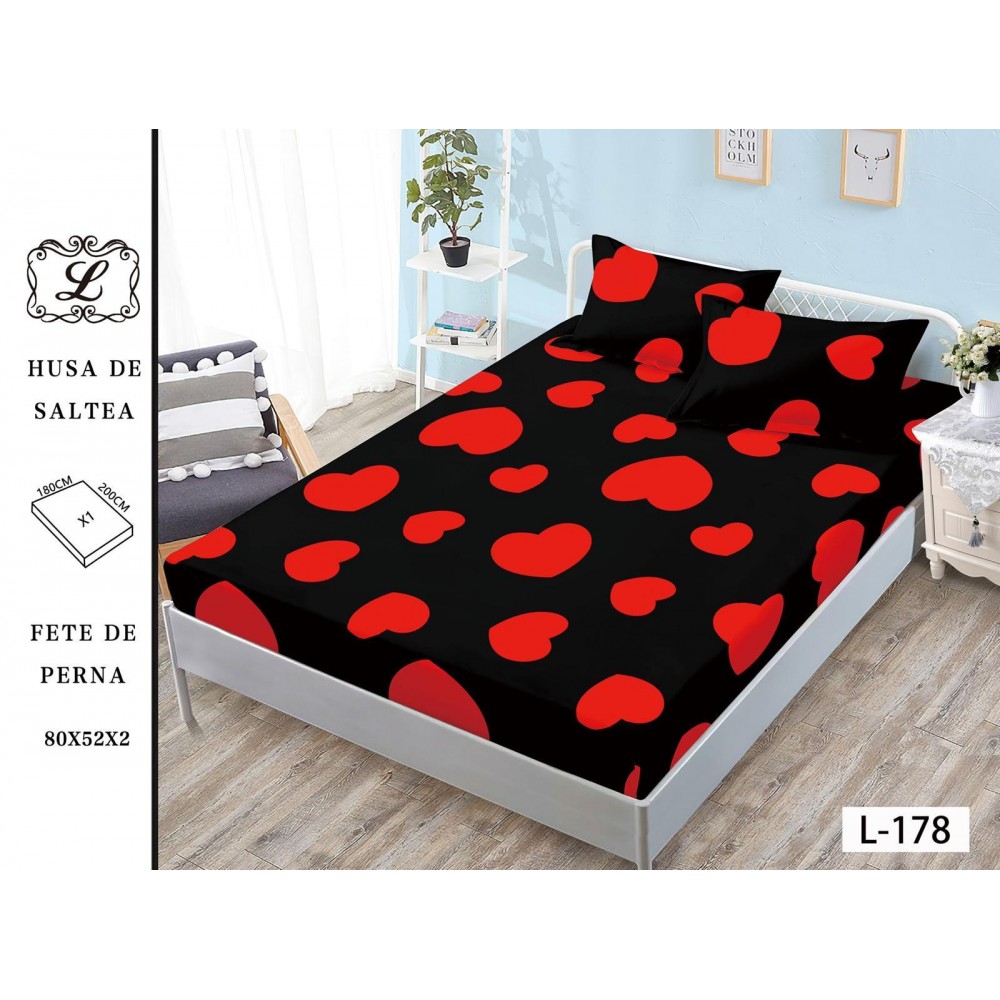 Set 3 Piese Husa din Finet cu Elastic, pentru Pat Dublu, 2 Fete de Perna, Hearts