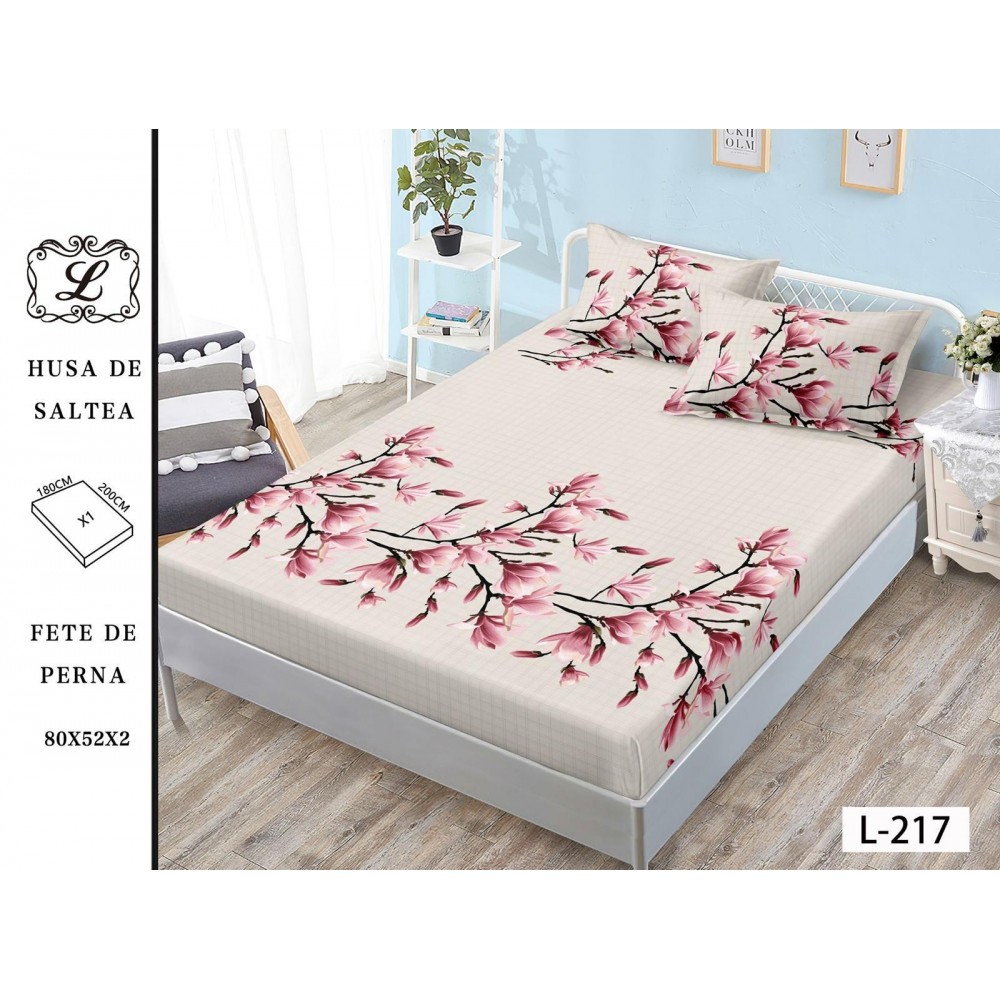 Set 3 Piese Husa din Finet cu Elastic, pentru Pat Dublu, 2 Fete de Perna, Bej Floral
