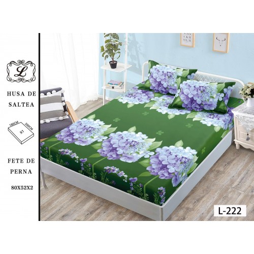 Set 3 Piese Husa din Finet cu Elastic, pentru Pat Dublu, 2 Fete de Perna, Verde-Mov, flori