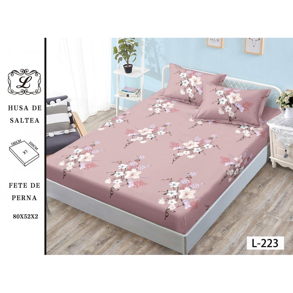 Set 3 Piese Husa din Finet cu Elastic, pentru Pat Dublu, 2 Fete de Perna, Roz-Alb, flori