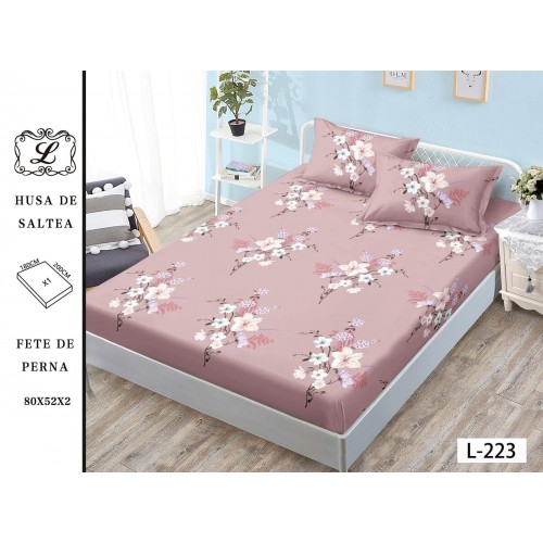Set 3 Piese Husa din Finet cu Elastic, pentru Pat Dublu, 2 Fete de Perna, Roz-Alb, flori