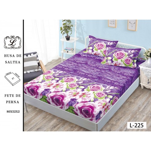 Set 3 Piese Husa din Finet cu Elastic, pentru Pat Dublu, 2 Fete de Perna, Mov-Multicolor, flori
