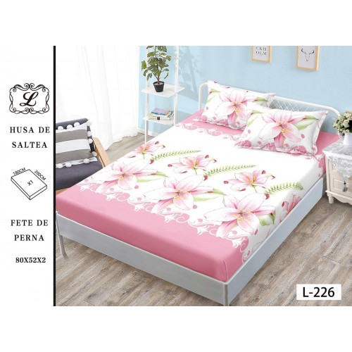 Set 3 Piese Husa din Finet cu Elastic, pentru Pat Dublu, 2 Fete de Perna, Alb-Roz, flori