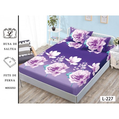 Set 3 Piese Husa din Finet cu Elastic, pentru Pat Dublu, 2 Fete de Perna,Mov-Lila, flori