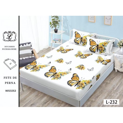 Set 3 Piese Husa din Finet cu Elastic, pentru Pat Dublu, 2 Fete de Perna, Fluturi Gold