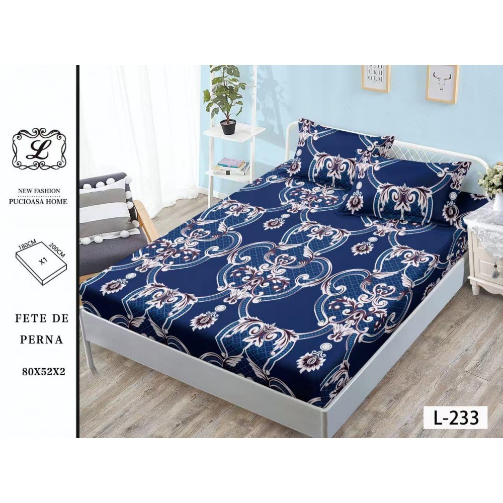 Set 3 Piese Husa din Finet cu Elastic, pentru Pat Dublu, 2 Fete de Perna, L-233