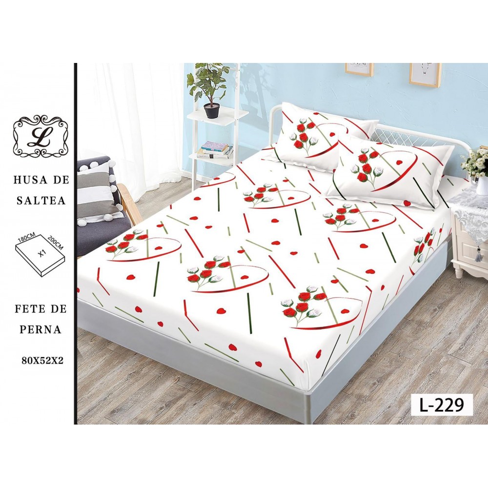 Set 3 Piese Husa din Finet cu Elastic, pentru Pat Dublu, 2 Fete de Perna, L-229