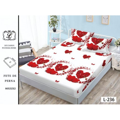 Set 3 Piese Husa din Finet cu Elastic, pentru Pat Dublu, 2 Fete de Perna, alba cu trandafiri rosii