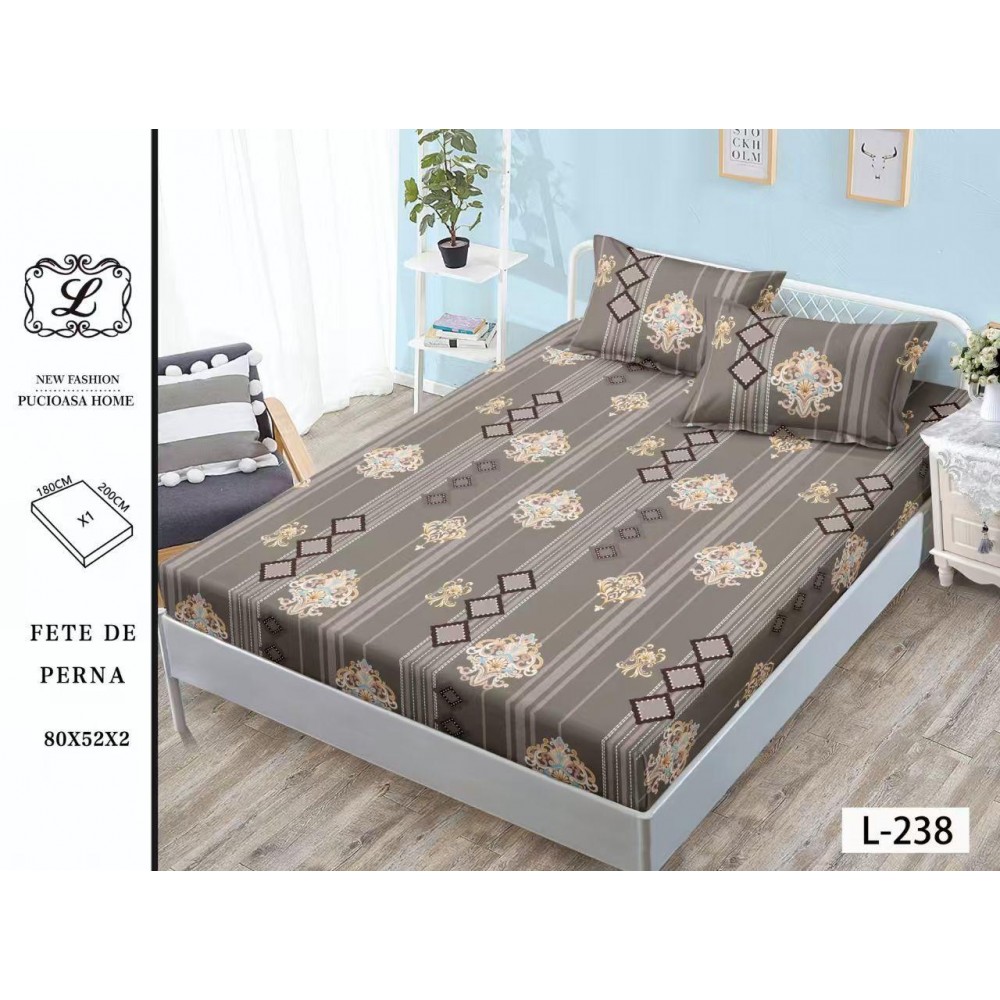 Set 3 Piese Husa din Finet cu Elastic, pentru Pat Dublu, 2 Fete de Perna, L-238