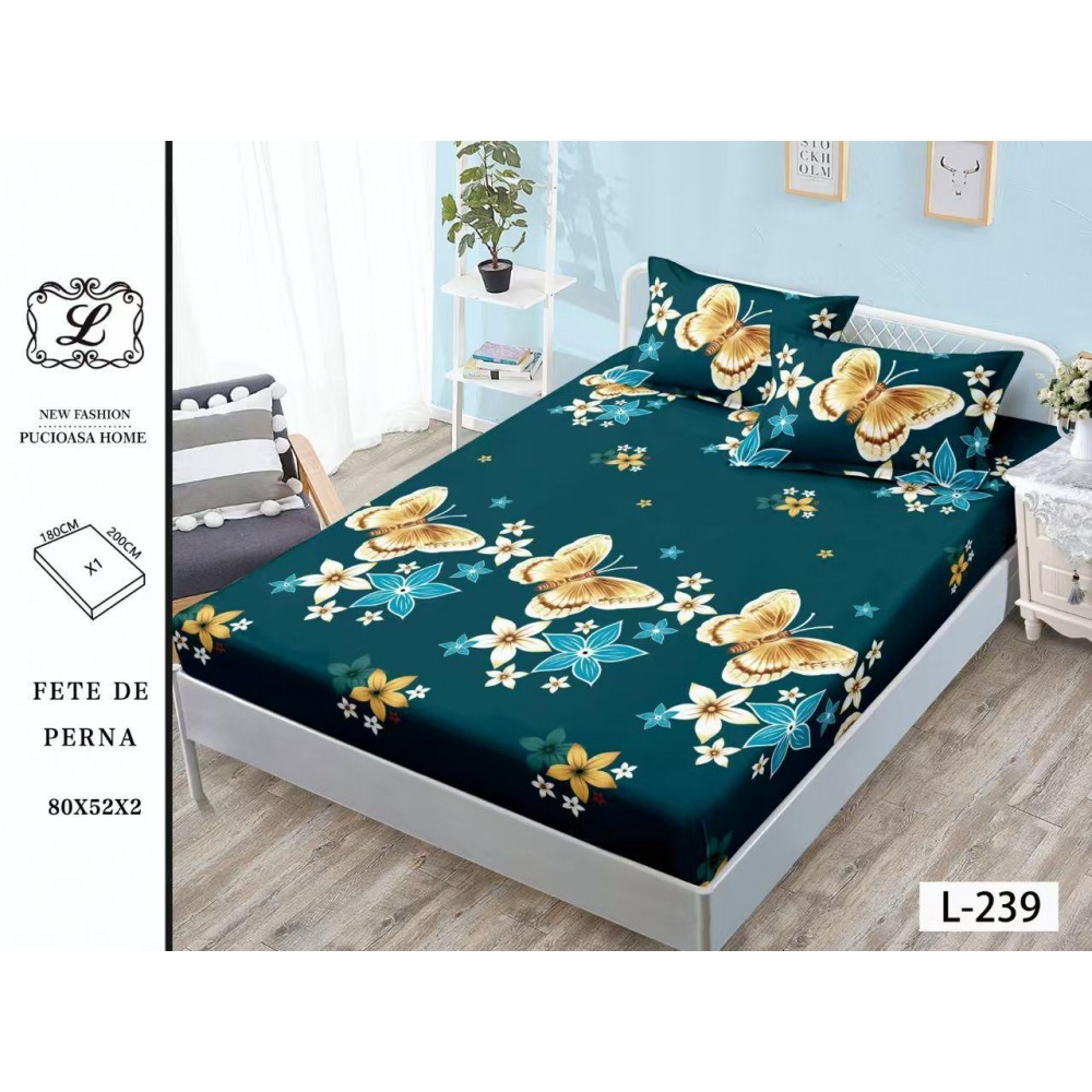 Set 3 Piese Husa din Finet cu Elastic, pentru Pat Dublu, 2 Fete de Perna, L-239