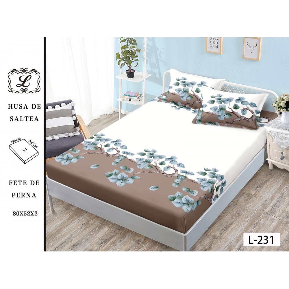 Set 3 Piese Husa din Finet cu Elastic, pentru Pat Dublu, 2 Fete de Perna, Bej-Alb, frunze