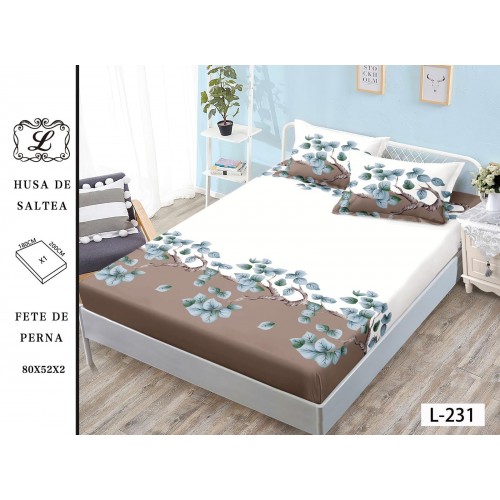 Set 3 Piese Husa din Finet cu Elastic, pentru Pat Dublu, 2 Fete de Perna, Bej-Alb, frunze
