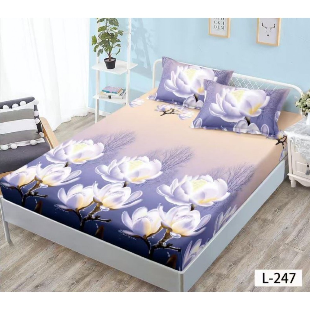 Set 3 Piese Husa din Finet cu Elastic, pentru Pat Dublu, 2 Fete de Perna, L-247