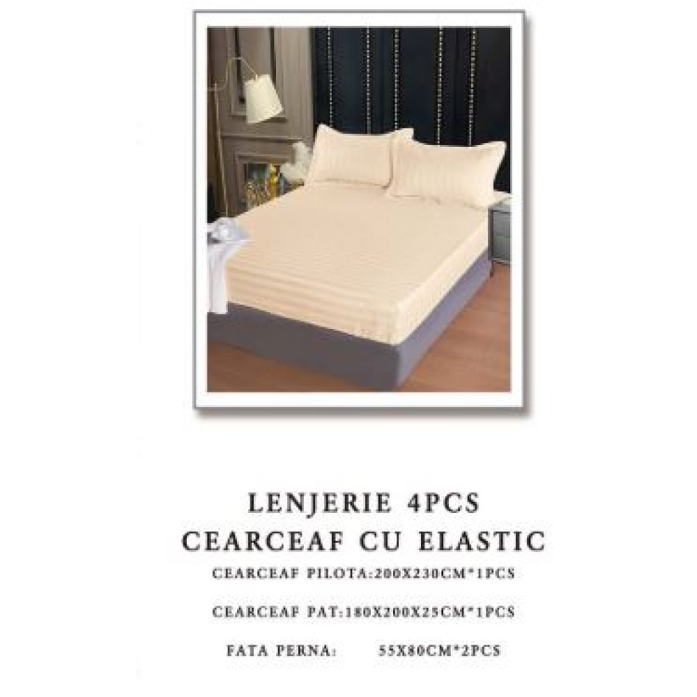 Lenjerie de pat Damasc,4 Piese,Cearceaf cu Elastic AT-101