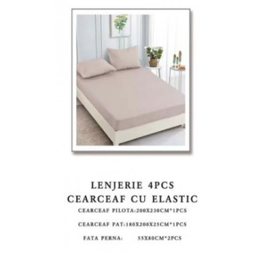 Lenjerie de pat Damasc,4 Piese,Cearceaf cu Elastic AT-111