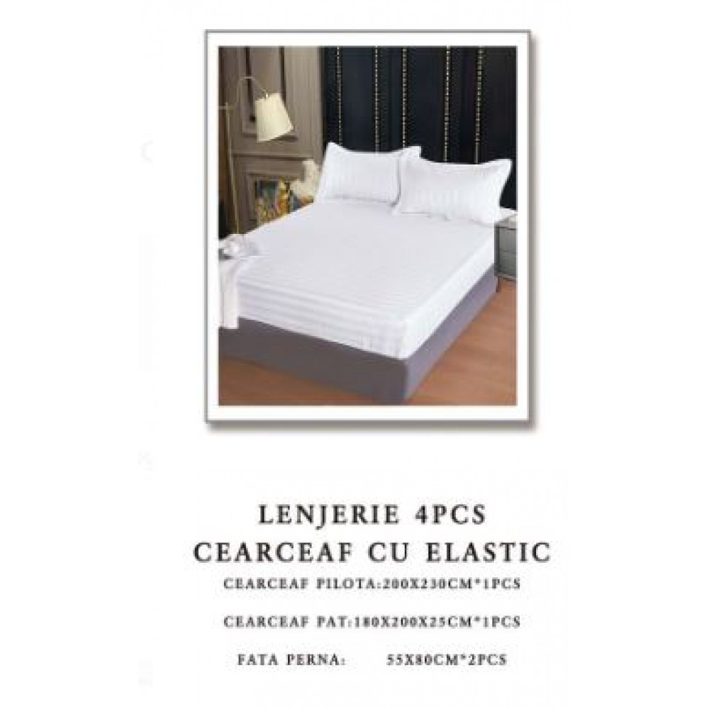 Lenjerie de pat Damasc,4 Piese,Cearceaf cu Elastic AT-118