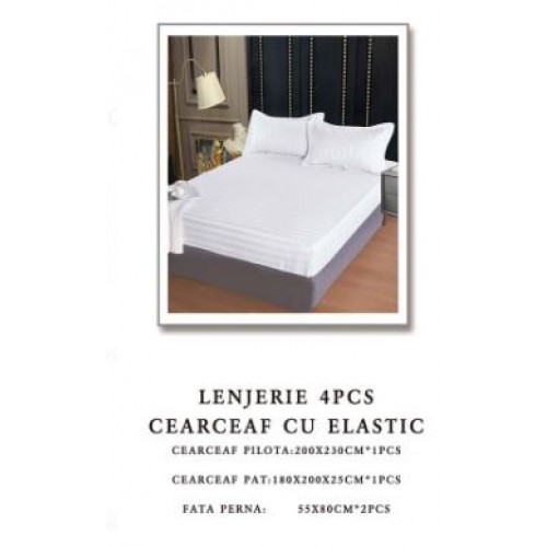 Lenjerie de pat Damasc,4 Piese,Cearceaf cu Elastic AT-118