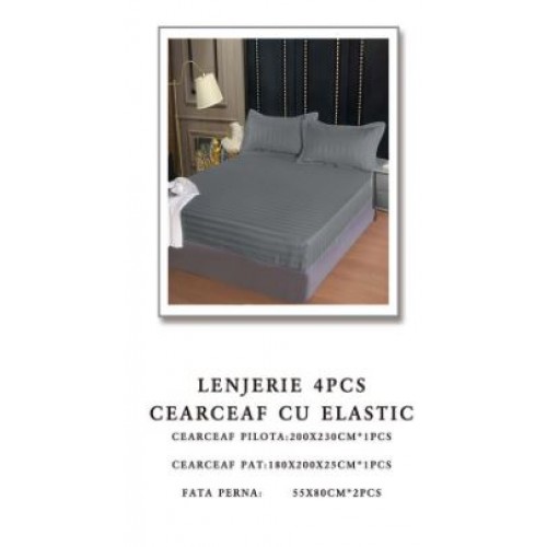 Lenjerie de pat Damasc,4 Piese,Cearceaf cu Elastic AT-83