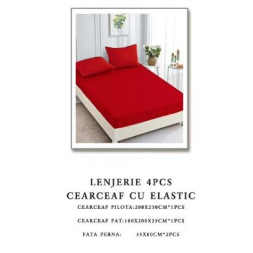 Lenjerie de pat Damasc,4 Piese,Cearceaf cu Elastic AT-01