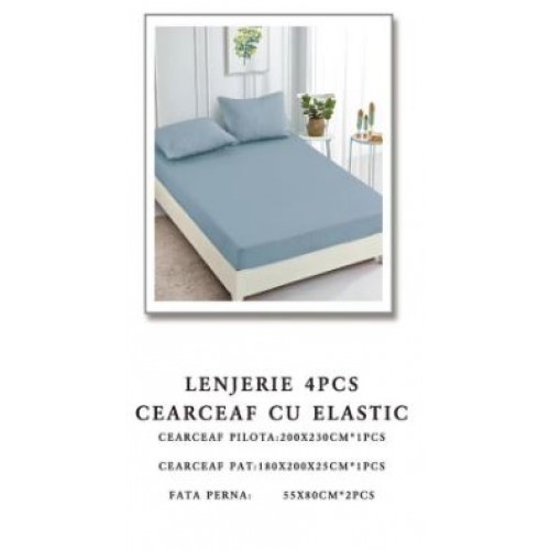 Lenjerie de pat Damasc,4 Piese,Cearceaf cu Elastic AT-110