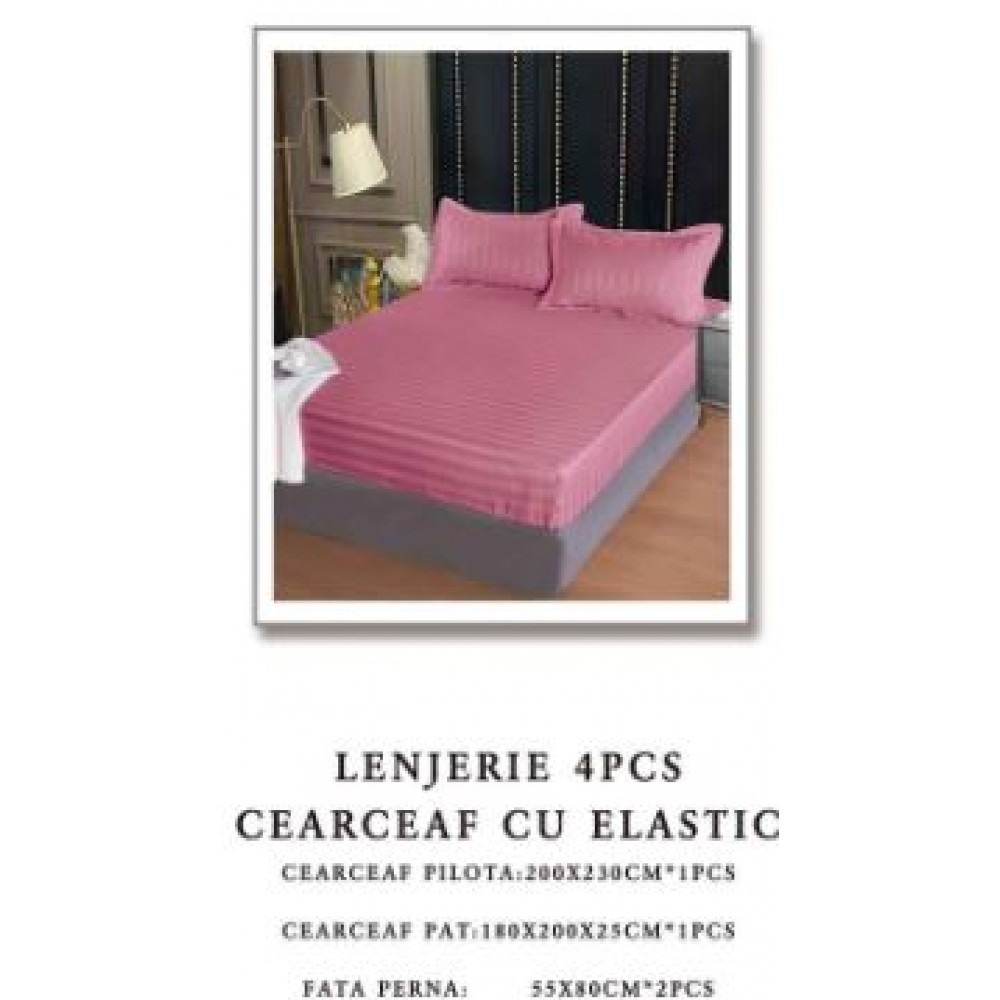 Lenjerie de pat Damasc,4 Piese,Cearceaf cu Elastic AT-051
