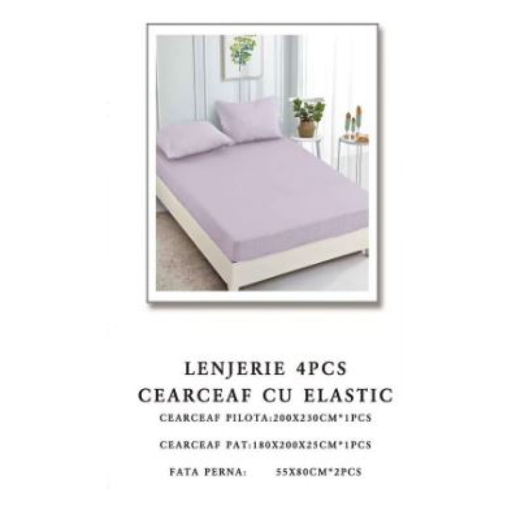 Lenjerie de pat Damasc,4 Piese,Cearceaf cu Elastic AT-58