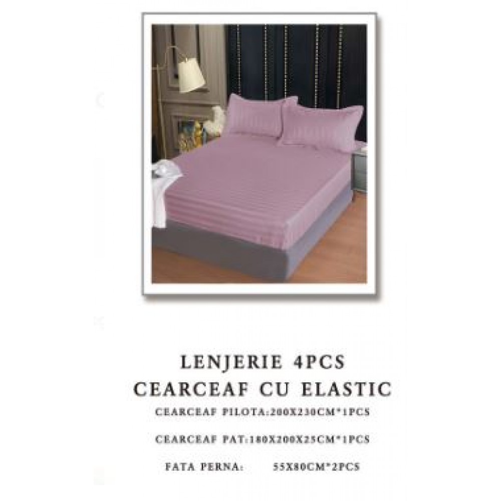 Lenjerie de pat Damasc,4 Piese,Cearceaf cu Elastic AT-56
