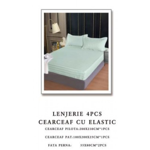 Lenjerie de pat Damasc,4 Piese,Cearceaf cu Elastic AT-142