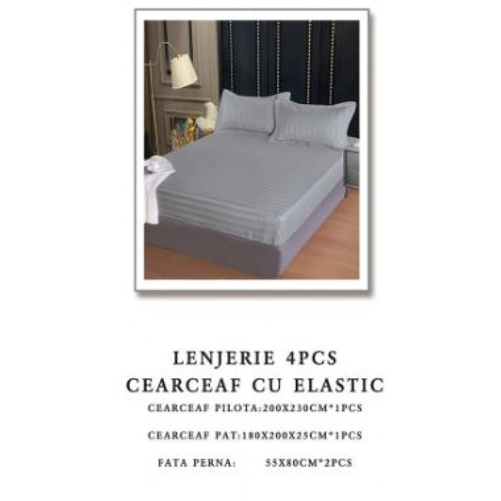 Lenjerie de pat Damasc,4 Piese,Cearceaf cu Elastic AT-85