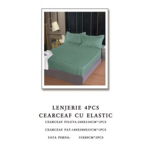 Lenjerie de pat Damasc,4 Piese,Cearceaf cu Elastic AT-108