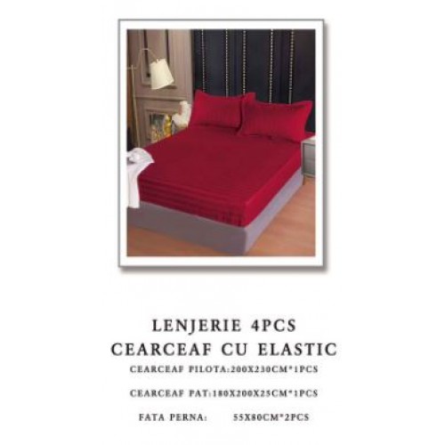 Lenjerie de pat Damasc,4 Piese,Cearceaf cu Elastic AT-120