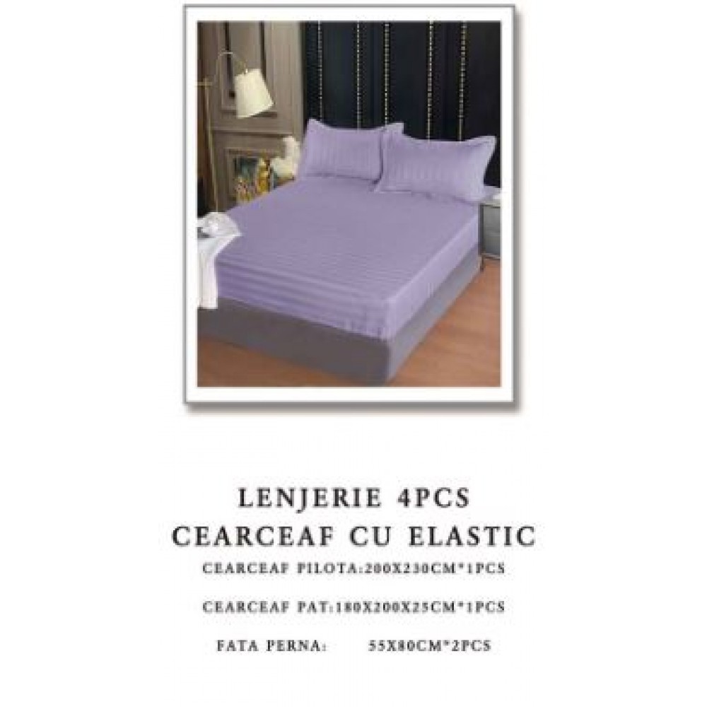 Lenjerie de pat Damasc,4 Piese,Cearceaf cu Elastic AT-520
