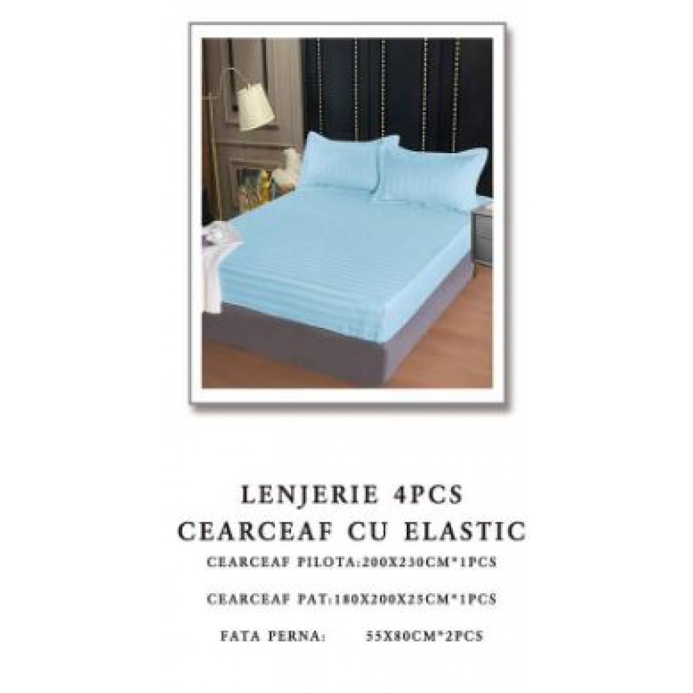 Lenjerie de pat Damasc,4 Piese,Cearceaf cu Elastic AT-128