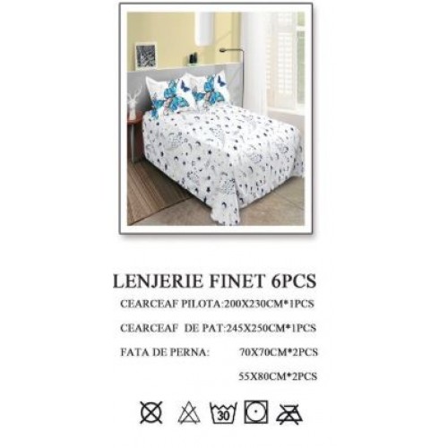 Lenjerie de pat dublu, Pucioasa, Finet, 6 piese, 2 persoane, 245x250cm, LL-20