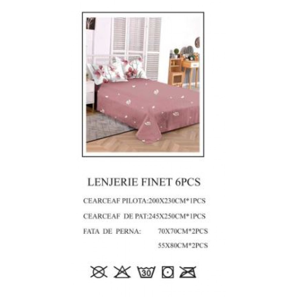 Lenjerie de pat dublu, Pucioasa, Finet, 6 piese, 2 persoane, 245x250cm, LL-807
