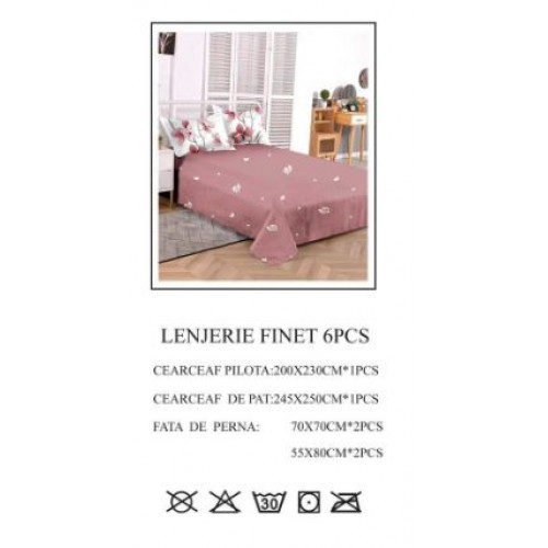 Lenjerie de pat dublu, Pucioasa, Finet, 6 piese, 2 persoane, 245x250cm, LL-807